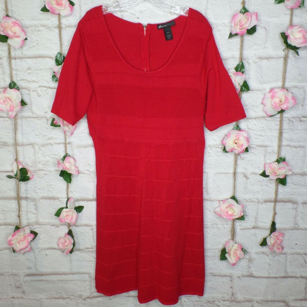 Lane Bryant Sz 14/16 Red Ribbed A Line Sweater Dress Short Sleeve Exposed Zipper